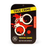 True Crime Trivia Tin by isAlbi, featuring a compact metal container with trivia cards and game components related to true crime stories.