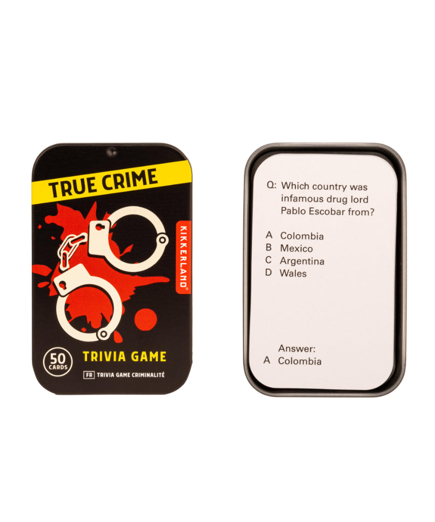 True Crime Trivia Tin by isAlbi, featuring a compact metal container with trivia cards about famous crime cases and mysteries.