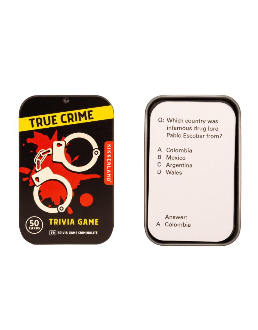 True Crime Trivia Tin by isAlbi, featuring a compact metal container with trivia cards about famous crime cases and mysteries.