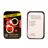 True Crime Trivia Tin by isAlbi, featuring a compact metal container with trivia cards about famous crime cases and mysteries.
