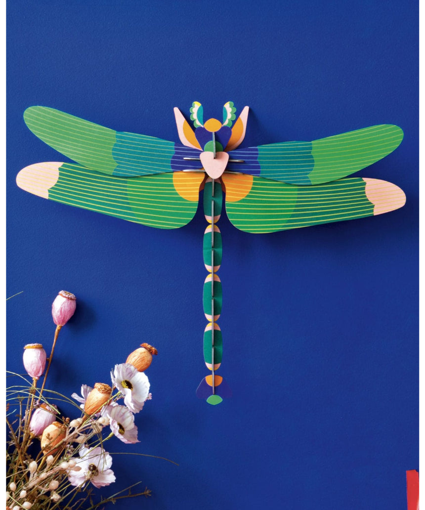 Studio Roof green dragonfly wall art, A4 size, vibrant nature-inspired decor piece featuring a detailed dragonfly illustration.