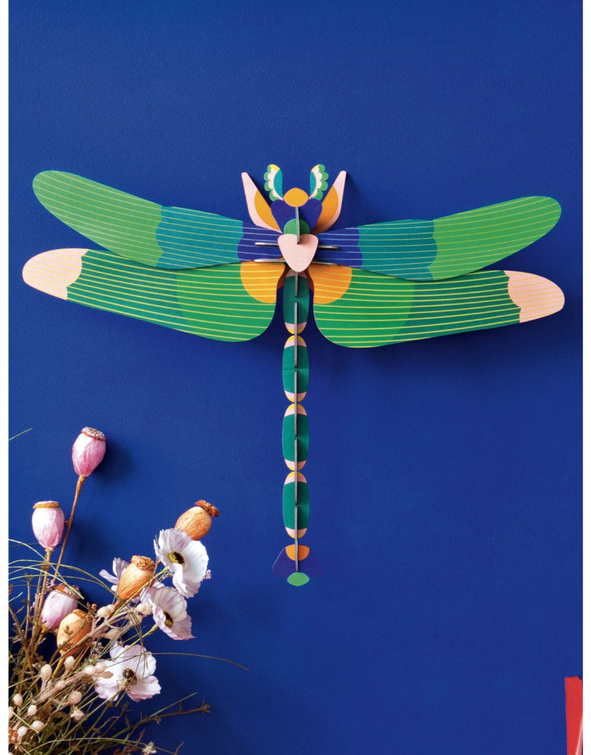 Studio Roof green dragonfly wall art, A4 size, vibrant nature-inspired decor piece featuring a detailed dragonfly illustration.