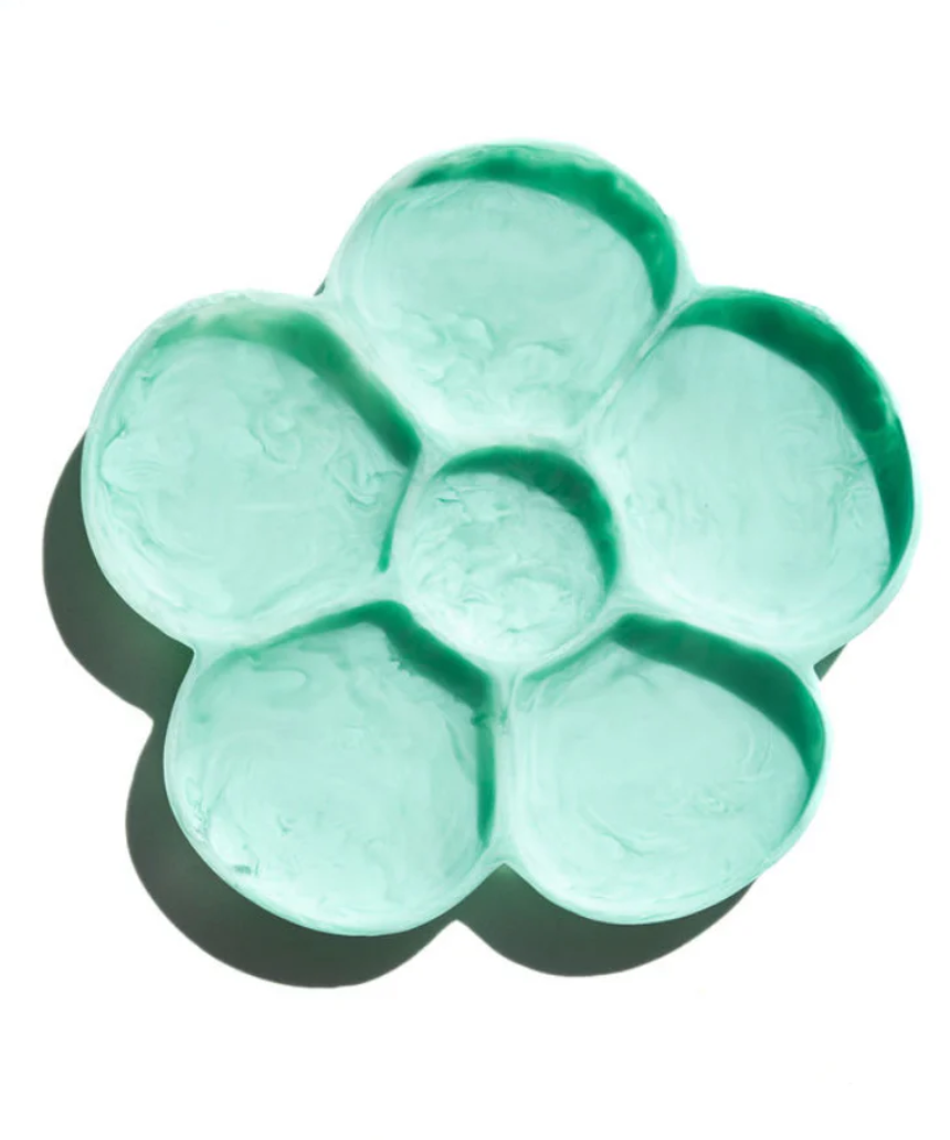Greenwood Designs flower-shaped jewellery tray in mint color, designed for organizing rings, necklaces, and small accessories.