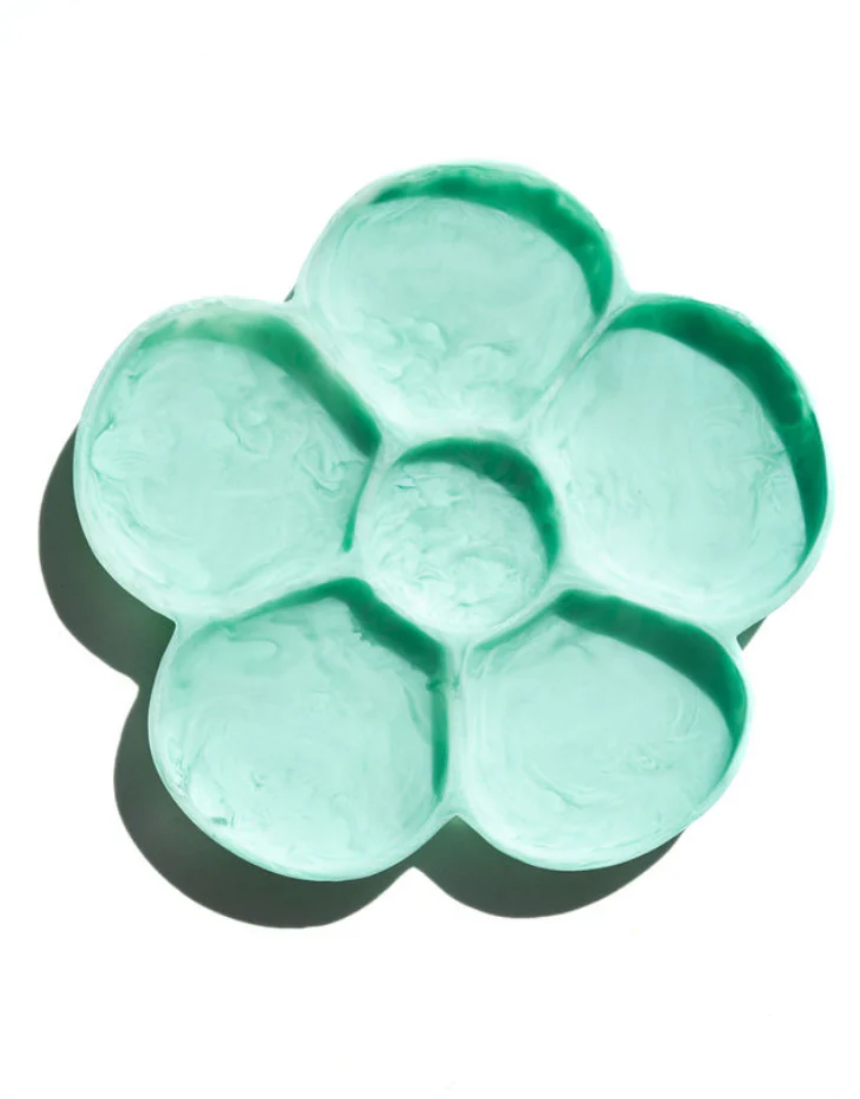 Greenwood Designs flower-shaped jewellery tray in mint color, designed for organizing rings, necklaces, and small accessories.