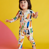 Baby Halcyon Nights Flamin' Galahs long sleeve zip suit with vibrant bird print, designed for newborns.