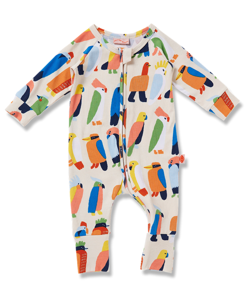 Baby Halcyon Nights Flamin' Galahs long sleeve zip suit featuring colorful galah bird print on soft fabric.