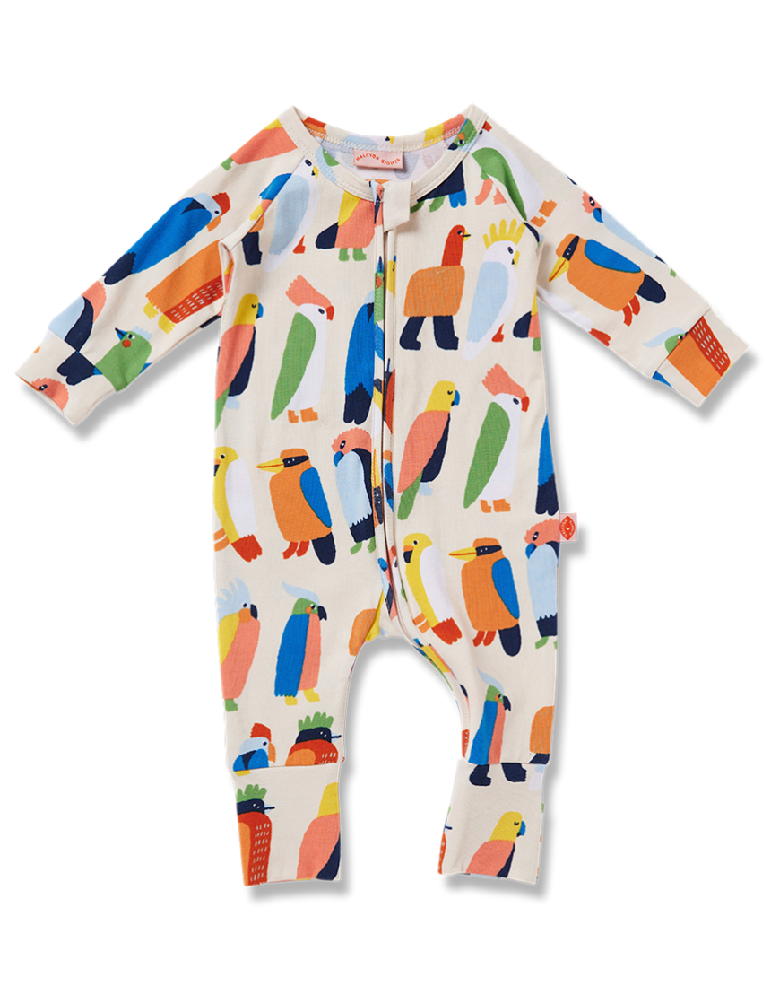 Baby Halcyon Nights Flamin' Galahs long sleeve zip suit featuring colorful galah bird print on soft fabric.