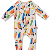 Baby Halcyon Nights Flamin' Galahs long sleeve zip suit featuring colorful galah bird print on soft fabric.