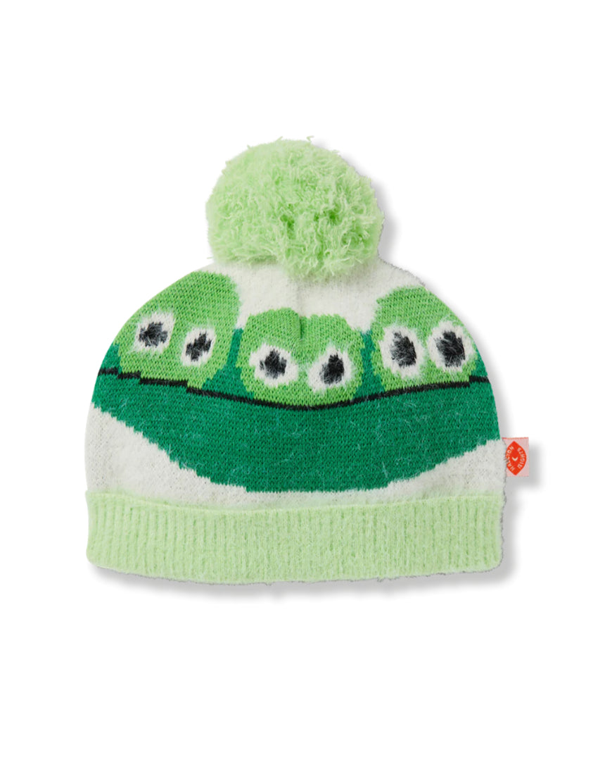 Halcyon Nights Happy Harvest knit beanie hat with colorful vegetable and pea pattern for kids.