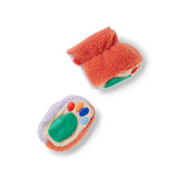 Halcyon Nights lilac and coral sherpa fleece baby bootie with orange accents, cozy and soft baby clothing footwear.