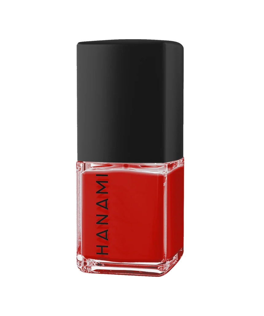 Hanami Cosmetics Cherry Oh Baby nail polish bottle with vibrant cherry red color and floral design on the label.