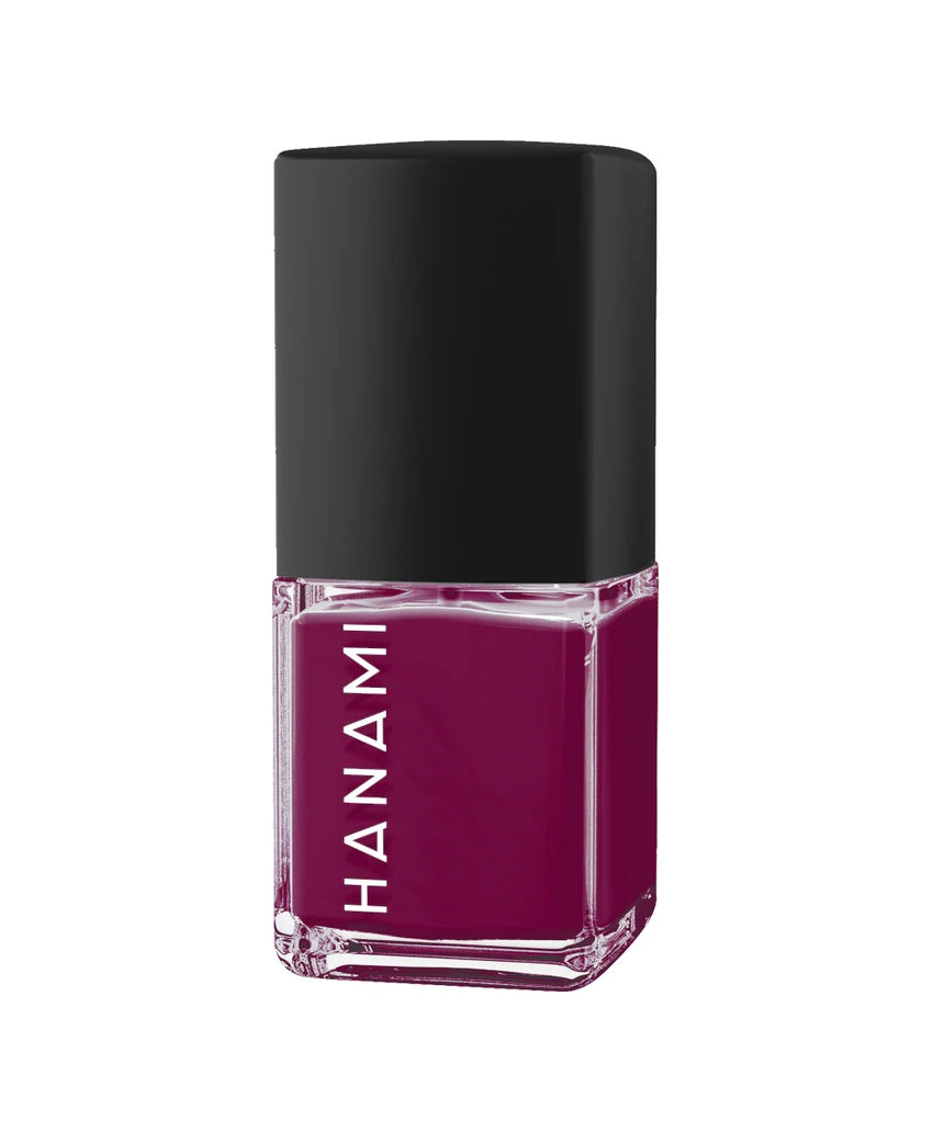 Hanami Doria nail polish bottle by Hanami Cosmetics with vibrant pink color and elegant packaging.