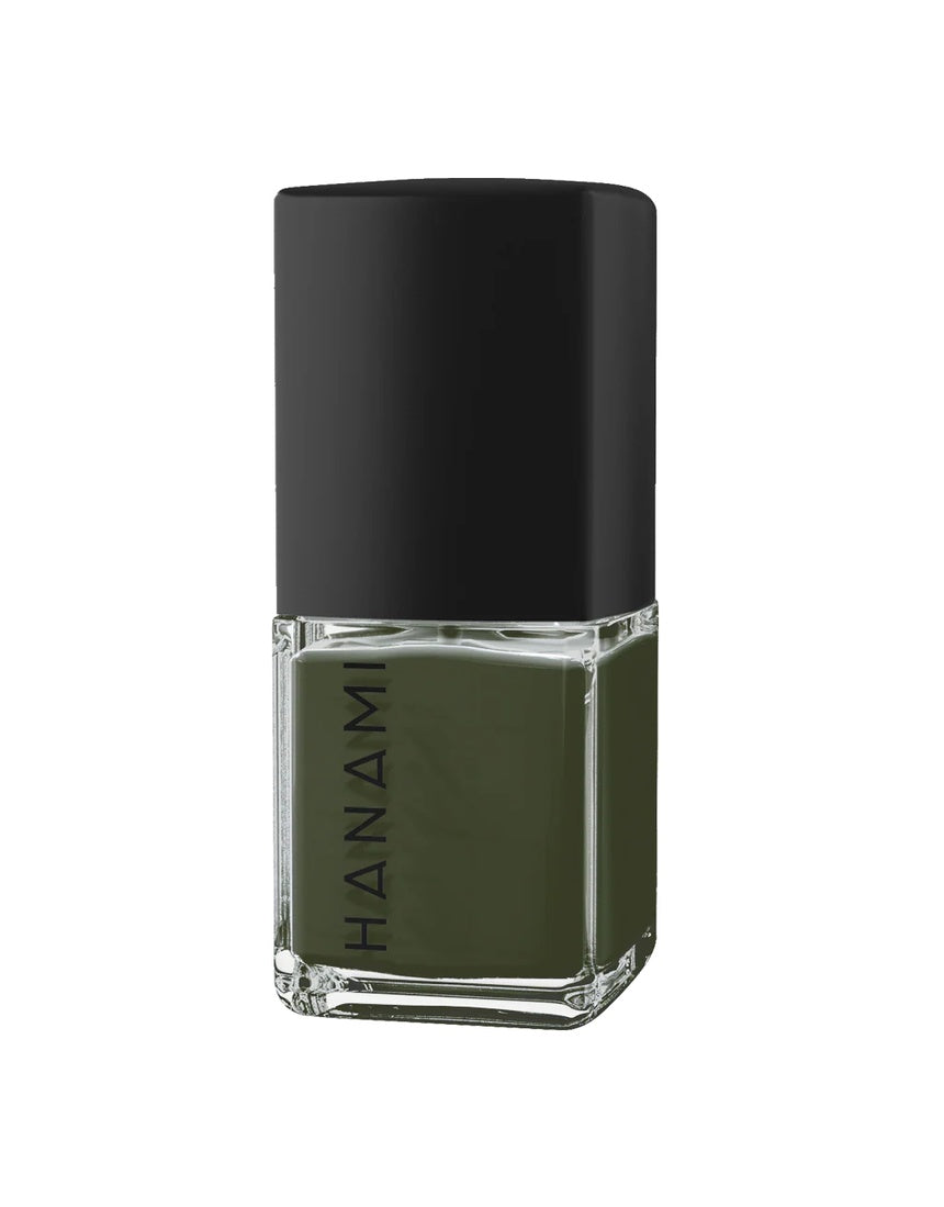 Hanami Cosmetics Hanami nail polish in The Moss shade, deep green with a glossy finish, displayed in a sleek bottle.