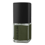Hanami Cosmetics Hanami nail polish in The Moss shade, deep green with a glossy finish, displayed in a sleek bottle.