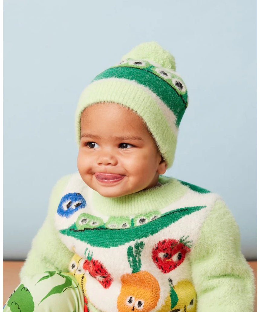 Halcyon Nights Happy Harvest knit beanie hat with colorful harvest-themed pattern and cozy style.