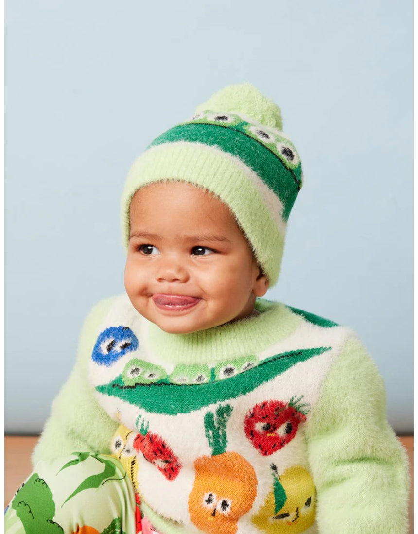 Halcyon Nights Happy Harvest knit beanie hat with colorful harvest-themed pattern and cozy style.