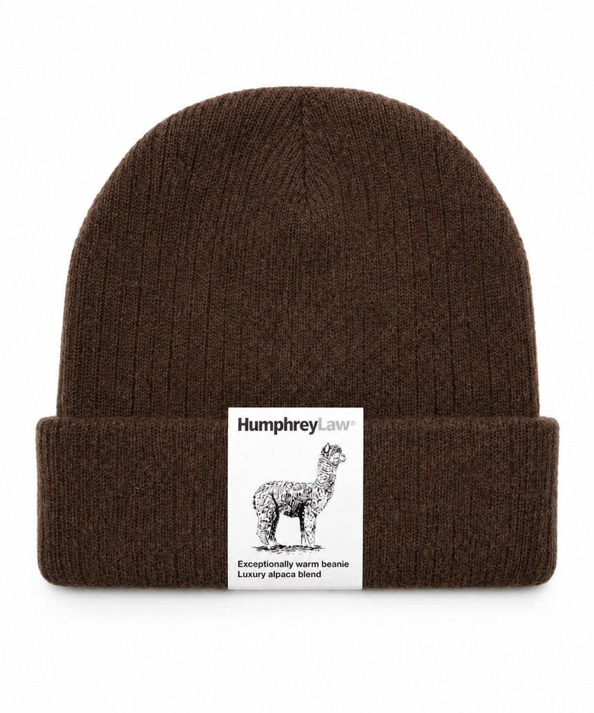 Humphrey Law alpaca blend beanie in coffee color, close-up showing soft knit texture and snug fit on a mannequin head.