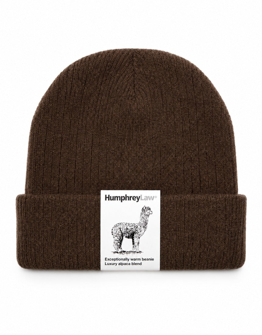 Humphrey Law alpaca blend beanie in coffee color, close-up showing soft knit texture and snug fit on a mannequin head.