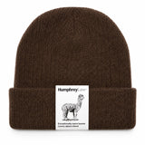 Humphrey Law alpaca blend beanie in coffee color, close-up showing soft knit texture and snug fit on a mannequin head.