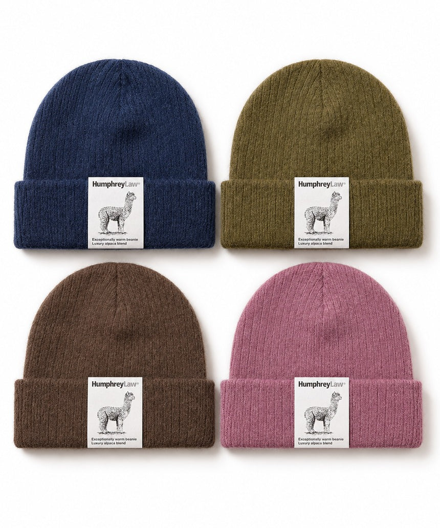 Humphrey Law alpaca blend beanie in various colors, soft knit hat with a folded brim, cozy winter accessory.