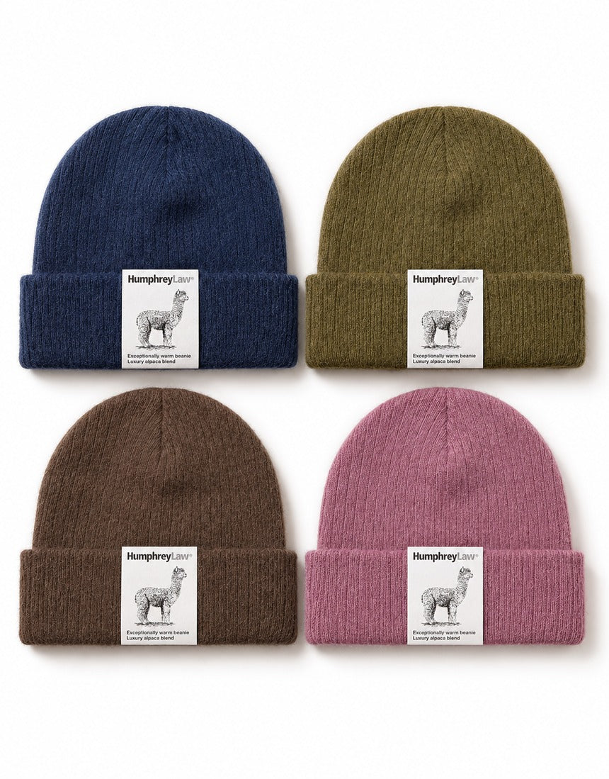 Humphrey Law alpaca blend beanie in various colors, soft knit hat with a folded brim, cozy winter accessory.