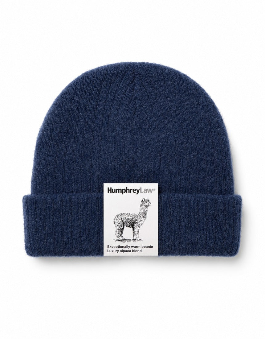 Humphrey Law alpaca blend beanie in denim, close-up of soft knit fabric and snug fit, stylish winter accessory.