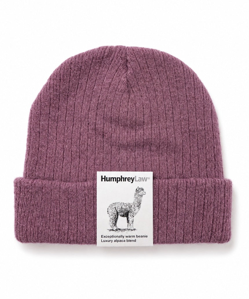 Humphrey Law alpaca blend beanie in old rose color, cozy knit hat with ribbed brim and soft texture for cold weather warmth.