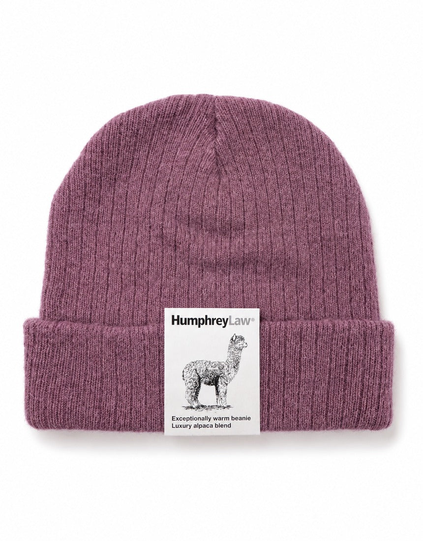 Humphrey Law alpaca blend beanie in old rose color, cozy knit hat with ribbed brim and soft texture for cold weather warmth.