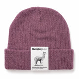 Humphrey Law alpaca blend beanie in old rose color, cozy knit hat with ribbed brim and soft texture for cold weather warmth.