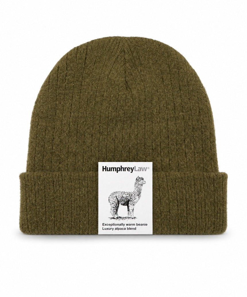 Humphrey Law alpaca blend beanie in sage color, soft knit hat with a folded brim and cozy texture.