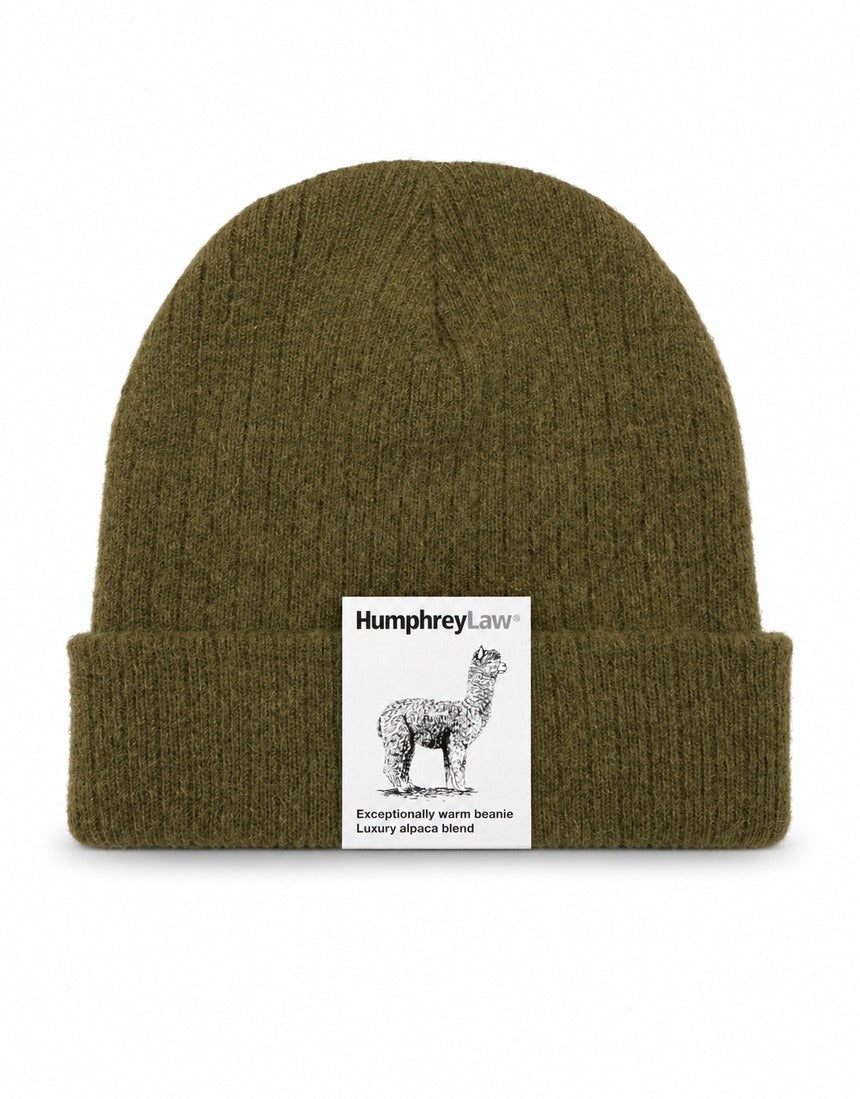 Humphrey Law alpaca blend beanie in sage color, soft knit hat with a folded brim and cozy texture.