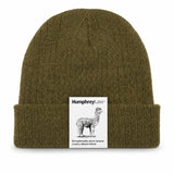Humphrey Law alpaca blend beanie in sage color, soft knit hat with a folded brim and cozy texture.