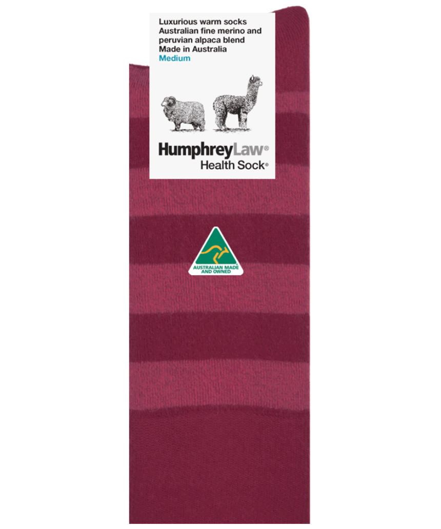 Humphrey Law Fine Merino and Baby Alpaca Socks in small size, featuring a cozy berry-colored knit pattern and soft texture.