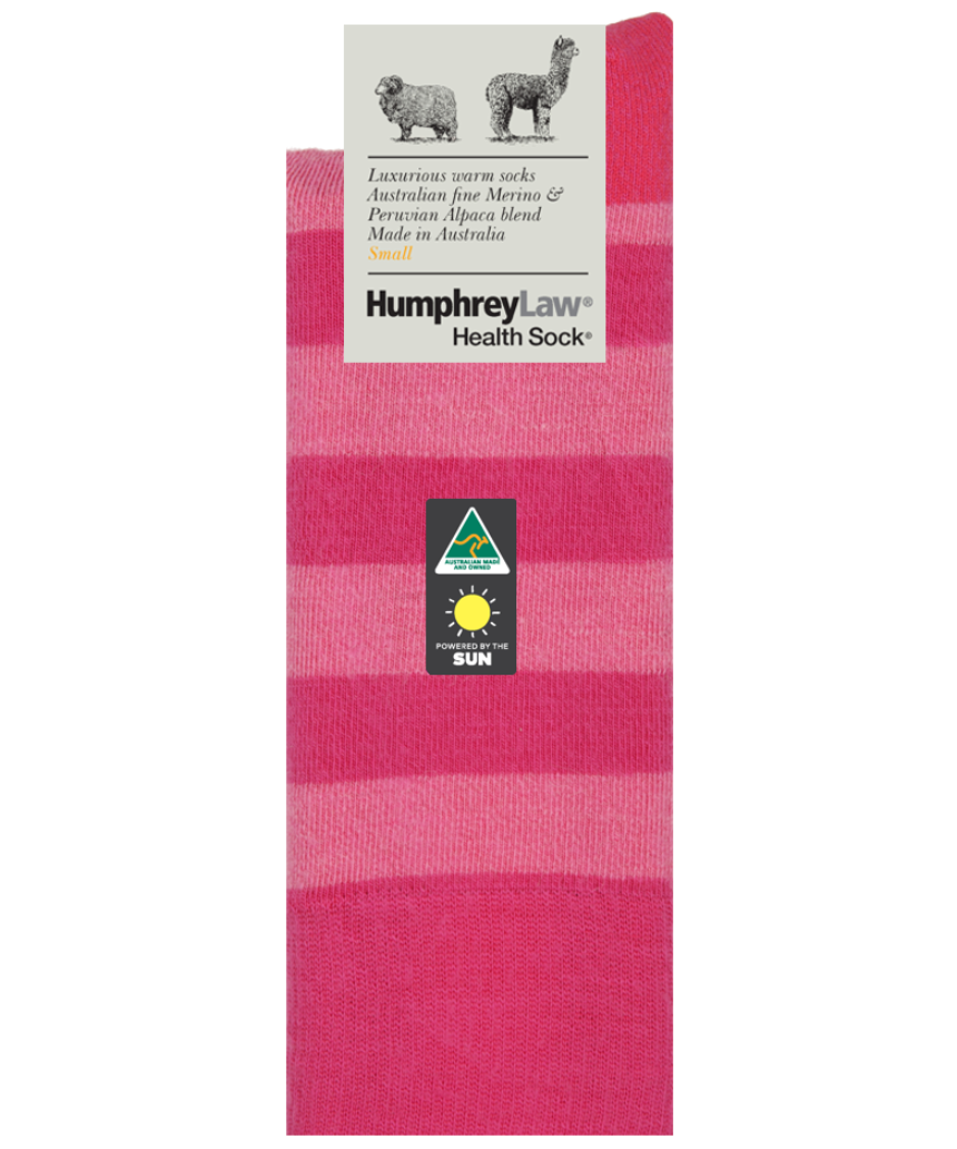 Humphrey Law fine merino and baby alpaca socks in small size, featuring a cozy berry-colored knit pattern.