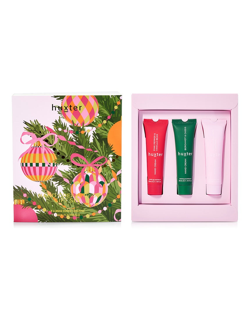 Huxter Adorned Christmas Hand Cream Gift Set with three festive scented hand creams in decorative packaging.