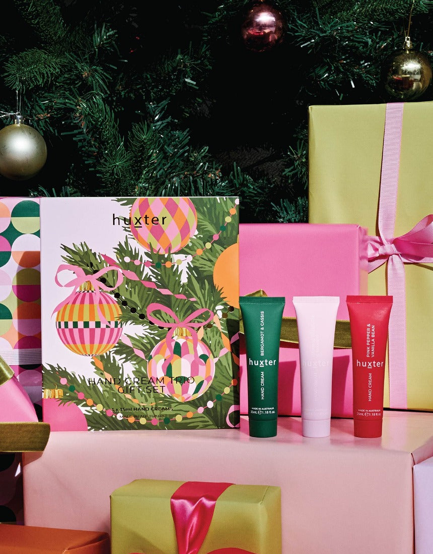 Huxter Adorned Christmas Hand Cream Gift Set with three decorative hand creams in festive packaging.