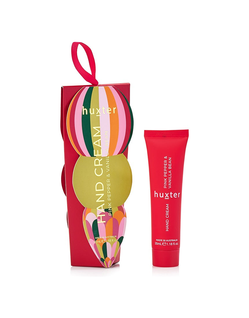 Huxter Adorned Christmas Hanging Hand Cream in Mulberry with festive packaging and decorative hanging charm.