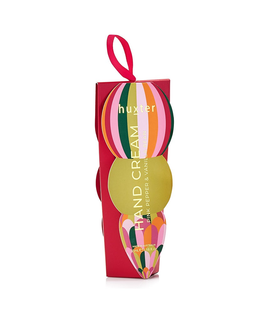 Huxter Adorned Christmas Hanging Hand Cream with Mulberry scent, featuring festive packaging and a decorative hanging design.