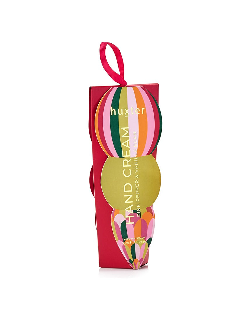 Huxter Adorned Christmas Hanging Hand Cream with Mulberry scent, featuring festive packaging and a decorative hanging design.