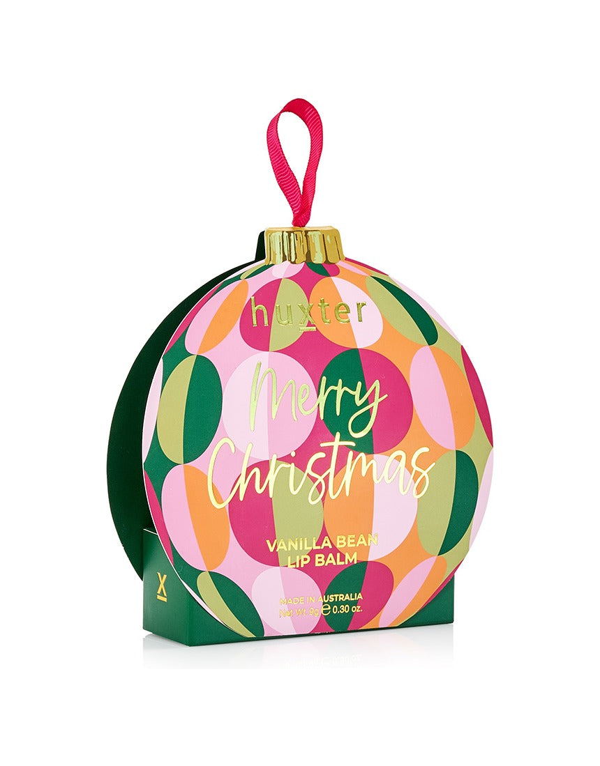 Huxter Adorned Christmas Hanging Lip Balm in green, with festive packaging and decorative Christmas design.