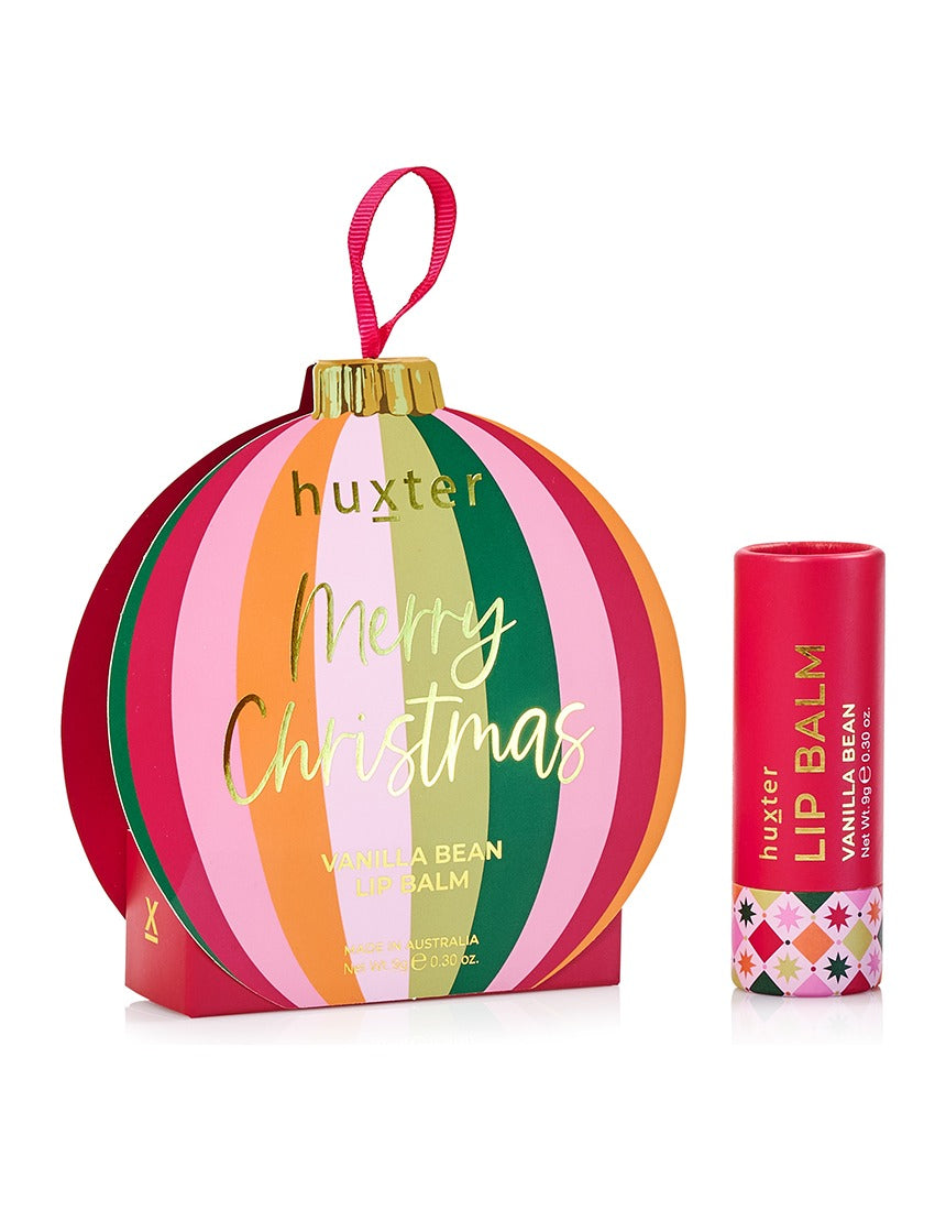 Huxter Adorned Christmas hanging lip balm in Mulberry flavor, featuring festive packaging and a decorative hanging design.