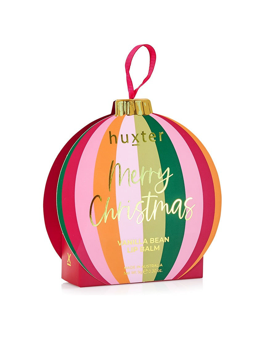 Huxter Adorned Christmas Hanging Lip Balm in Mulberry flavor, featuring festive packaging with a decorative design.