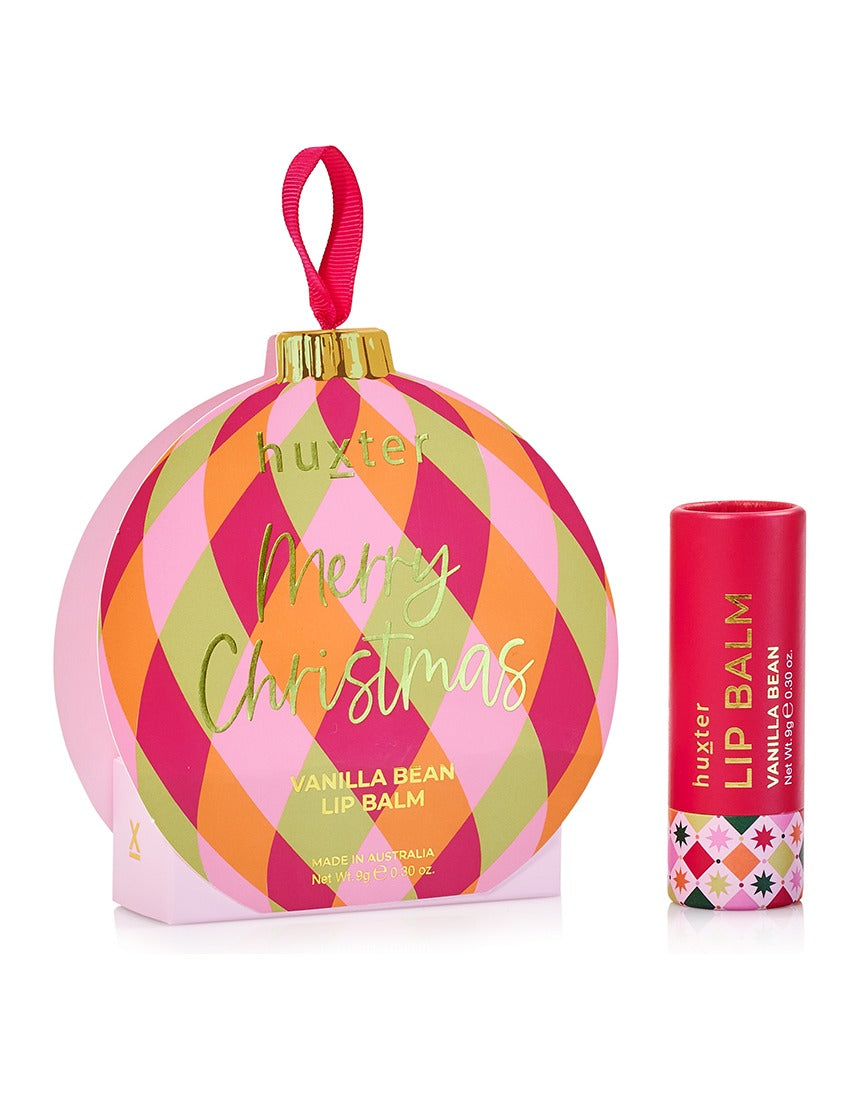 Huxter Adorned Christmas hanging Lip Balm in soft pink, featuring festive packaging and holiday-themed design.