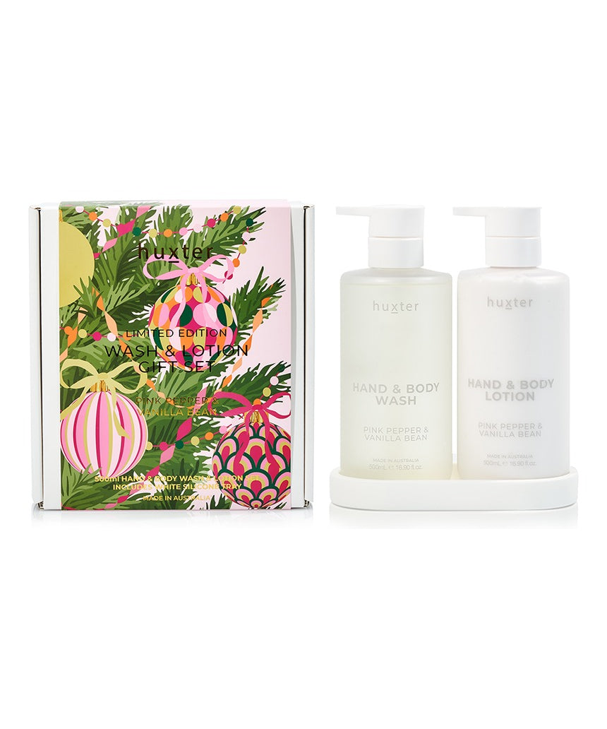 Huxter Adorned Christmas Bath & Body Gift Set with pink pepper and vanilla bean scented wash and lotion bottles.