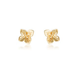 Gold hydrangea stud earrings by Linda Tahija featuring delicate floral design.