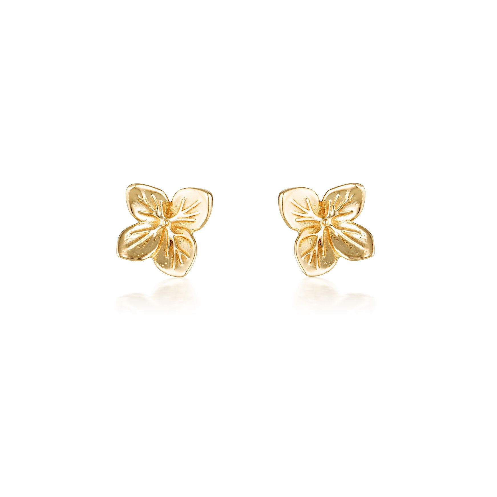 Gold hydrangea stud earrings by Linda Tahija featuring delicate floral design.