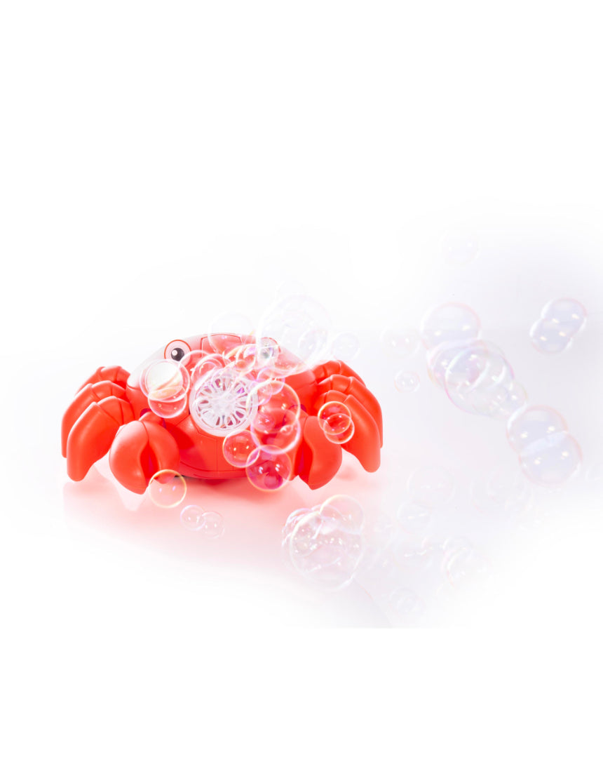 Colorful crawling crab bubble blower toy by isAlbi with large eyes and waving claws, creating bubbles for kids to enjoy.