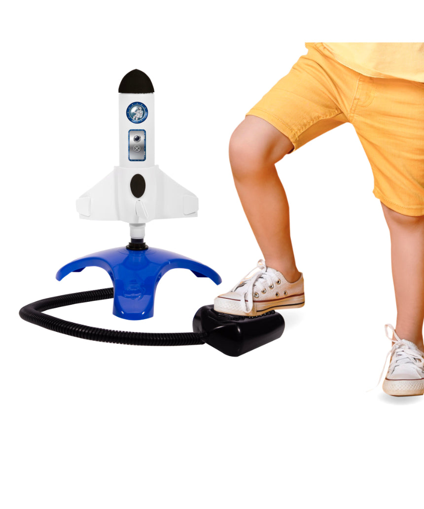 Kids' air powered rocket by isAlbi, showing a colorful rocket launching outdoors with a child in the background.