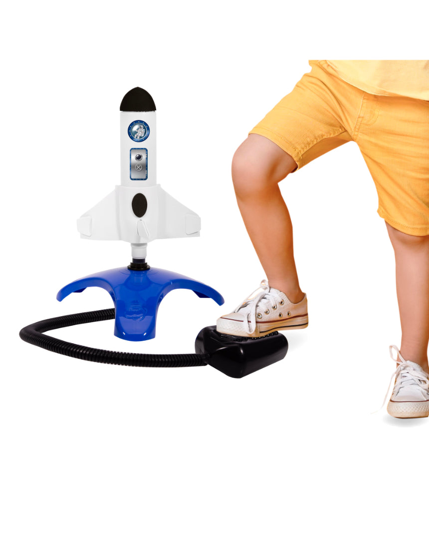 Kids' air powered rocket by isAlbi, showing a colorful rocket launching outdoors with a child in the background.