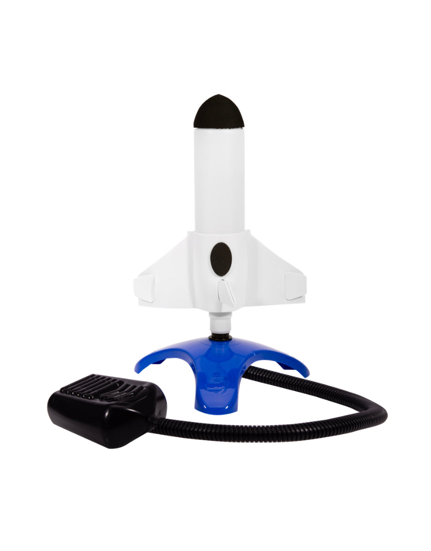 Colorful kids air-powered rocket by isAlbi, showcasing a lightweight, aerodynamic design ready for outdoor play and launch.